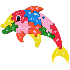 Lovestown Dolphin Wooden Puzzle 26Pcs Jigsaw Puzzle Alphabet And Number Blocks Wooden Building Blocks For Kid Toddlers Preschoo