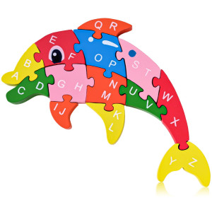 Lovestown Dolphin Wooden Puzzle 26Pcs Jigsaw Puzzle Alphabet And Number Blocks Wooden Building Blocks For Kid Toddlers Preschoo