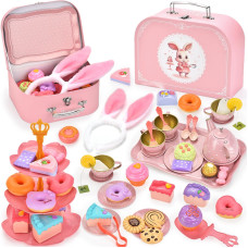 Lajeje 50Pcs Bunny Tea Party Set For Little Girls Pretend Tin Teapot Set Princess Tea Time Play Kitchen Toy With Cups Plates