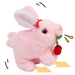 Cuteoy Walking Cherry Pink Bunny Stuffed Animal Talking Wagging Nodding Educational Plush Toy Electric Interactive Animated Plus