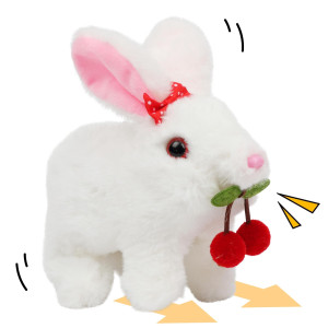 Cuteoy Walking Cherry White Bunny Stuffed Animal Talking Wagging Nodding Educational Plush Toy Electric Interactive Animated Plu