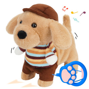 Cuteoy Walking Hat Dog Stuffed Animal Electric Interactive Musical Puppy Plush Toy Barking Wagging Tail With Remote Control Leas