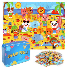 Lelemon Beach Animal Jigsaw Puzzles In A Metal Box 100 Pieces Beach Animal Party Jigsaw Puzzle For Kids Ages 48 Children Learni