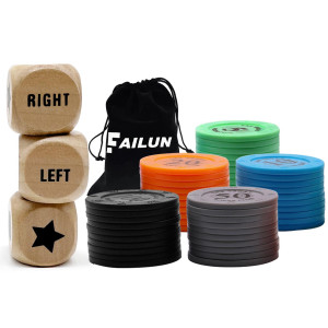 Failun Left Right Center Dice Game Set 3 Pcs Wooden Dice And 50 Pcs Colorful Chips With Drawstring Bag Easy To Store And Carry