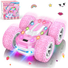 Pink Remote Control Car For Girls Rc Cars For Kids With Diy Sticker Colorful Lights 24Ghz Double Sided 360 Flips 4Wd Stunt