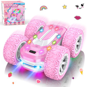 Pink Remote Control Car For Girls Rc Cars For Kids With Diy Sticker Colorful Lights 24Ghz Double Sided 360 Flips 4Wd Stunt