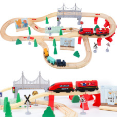 Wdmiya Wooden Train Set For Toddlers 72 Pcs Wooden Train Track For Kids Train Toy With Bridge And Tracks Fits Thomas Brio