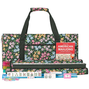 Zgme American Mahjong Set 166 Premium White Tiles With Dark Green Small Flower Soft Bag And Accessories 4 Allinone Mahjong Rac