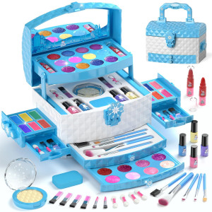 Perryhome Kids Makeup Set For Girl 56 Pcs Washable Real Cosmetic, Non-Toxic Frozen Toys Toddler Makeup Kit, Frozen Princess Dress Up Kit Christmas & Birthday Girl Gift For 3-12 (Frozen Blue)